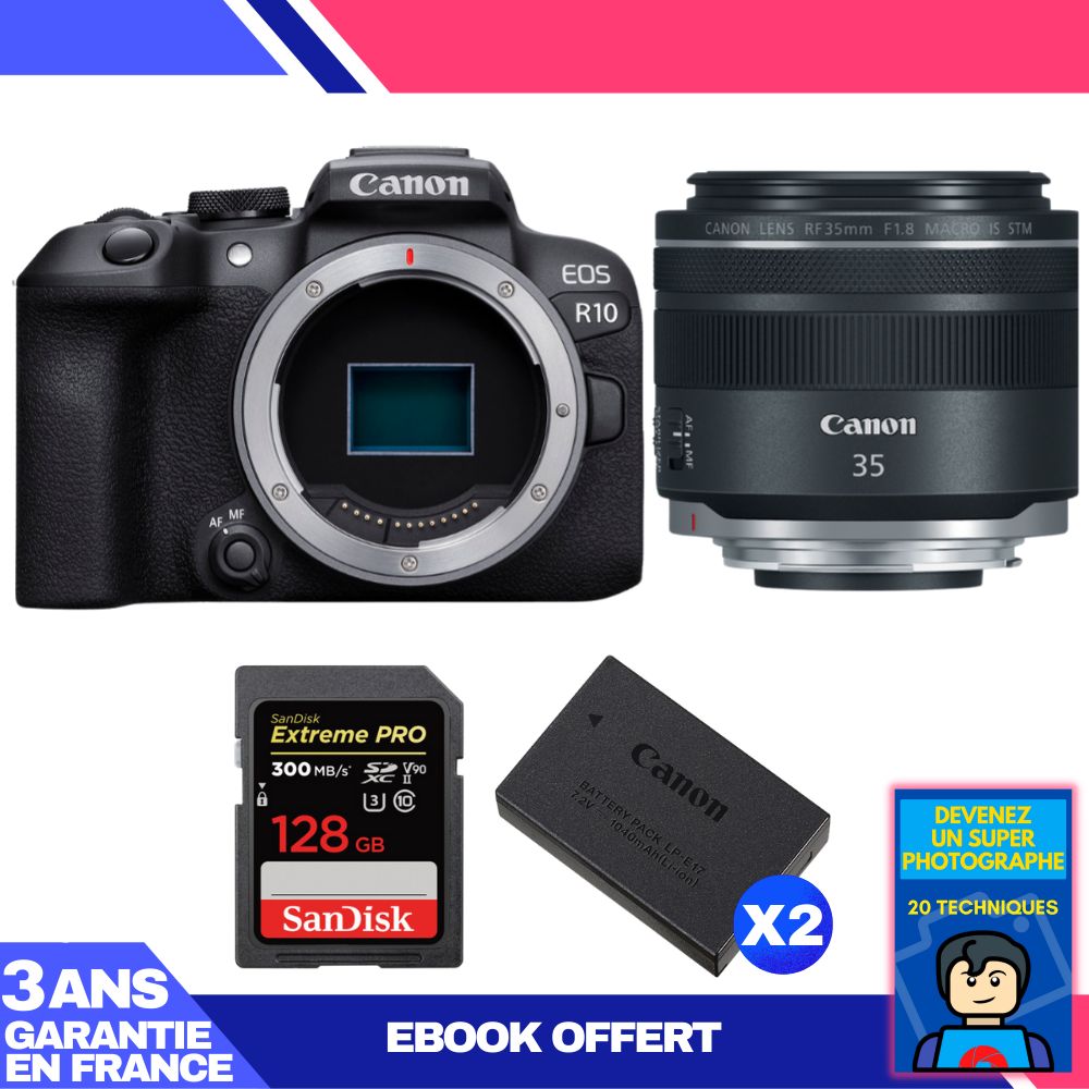 Canon EOS R10 Camera + RF 35mm F1.8 IS Macro STM Lens + 1 SanDisk 128GB Extreme PRO UHS-II SDXC Card + 2 Canon LP-E17 Batteries + Ebook