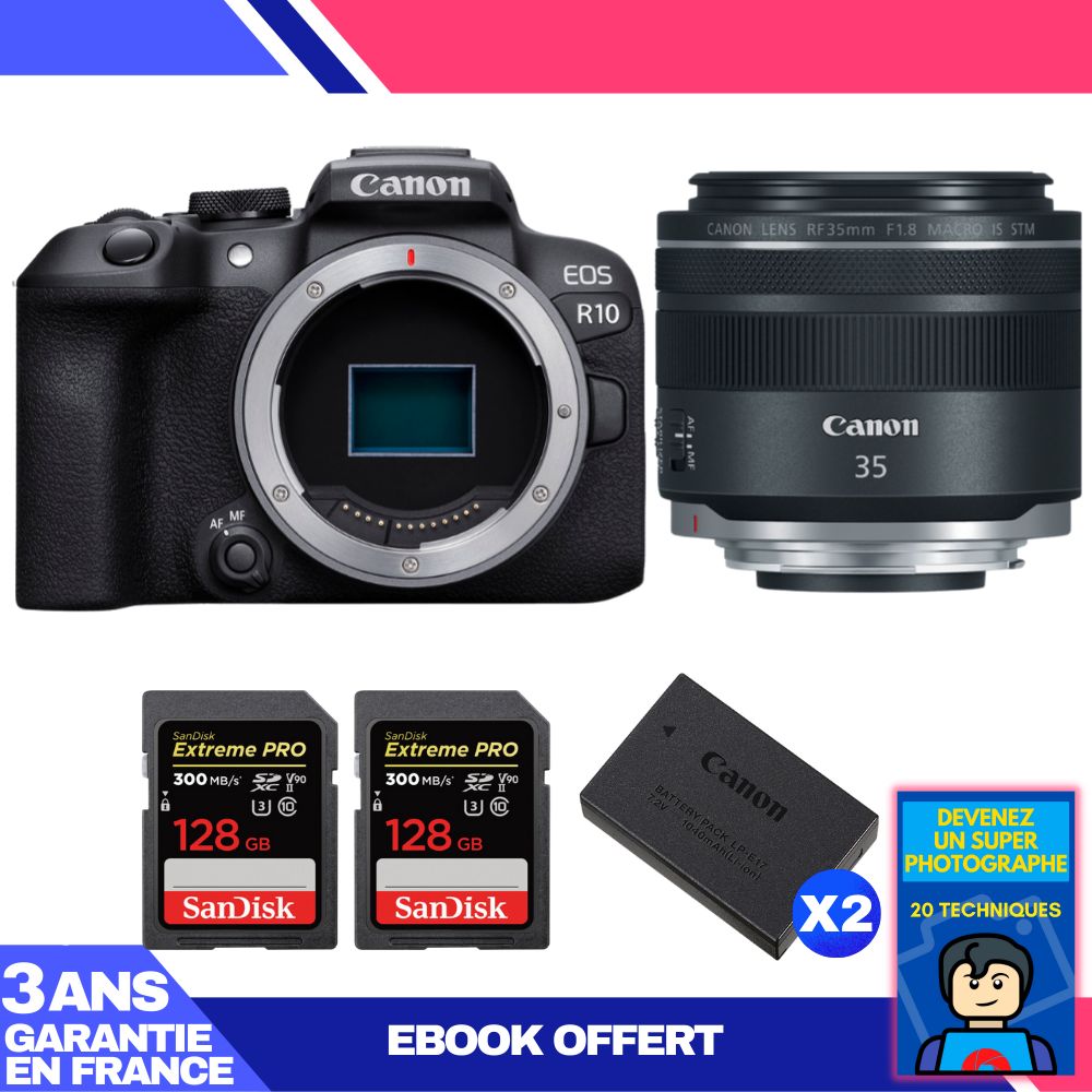 Appareil photo Canon EOS R10 + Objectif RF 35mm F1.8 IS Macro STM + 2 cartes mémoire SanDisk 128 Go Extreme PRO UHS-II SDXC + 2 batteries Canon LP-E17 + Ebook : Devenez un super photographe