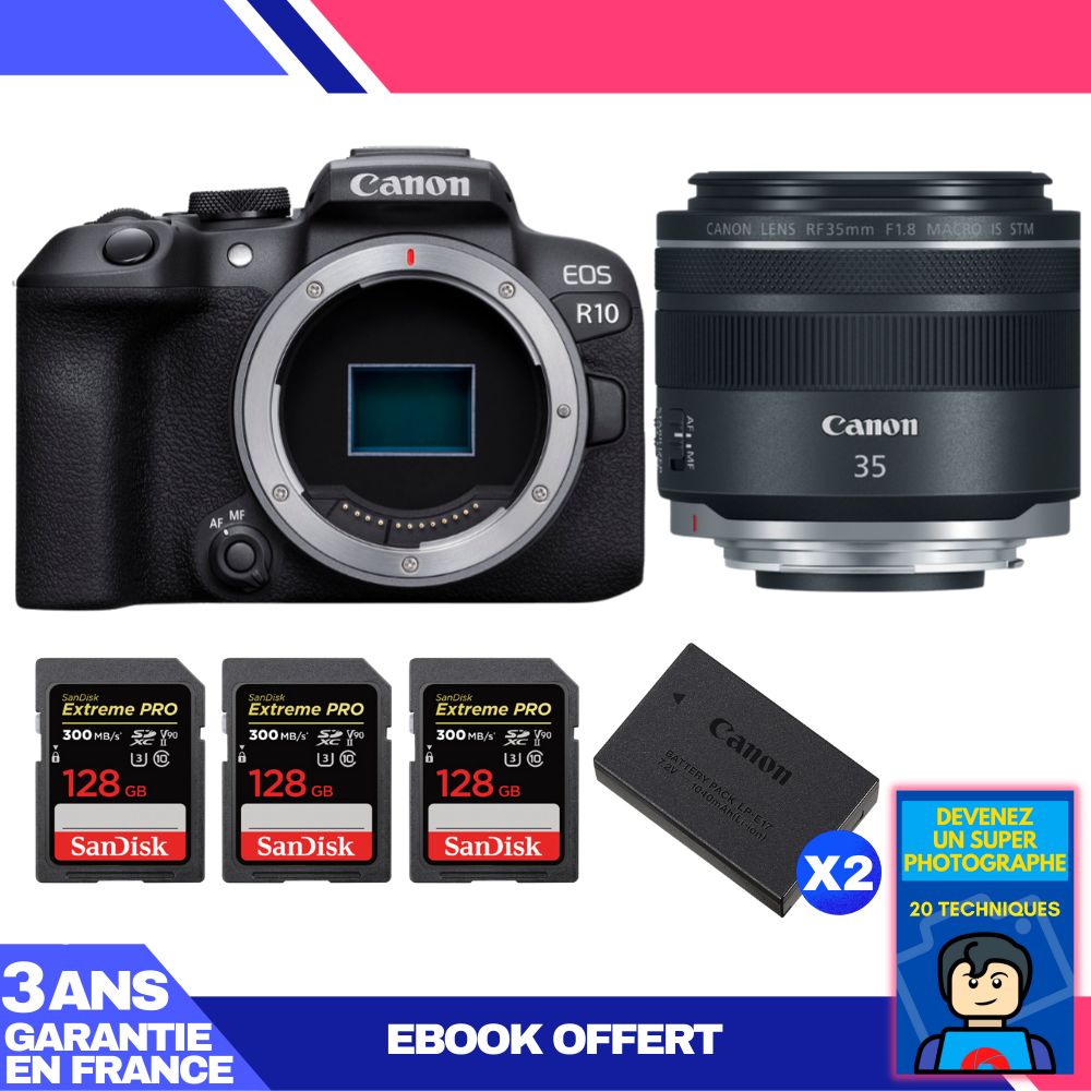 Canon EOS R10 + RF 35mm F1.8 IS Macro STM Lens + 2 SanDisk 128GB Extreme PRO UHS-II SDXC Cards + 2 Canon LP-E17 Batteries + Ebook