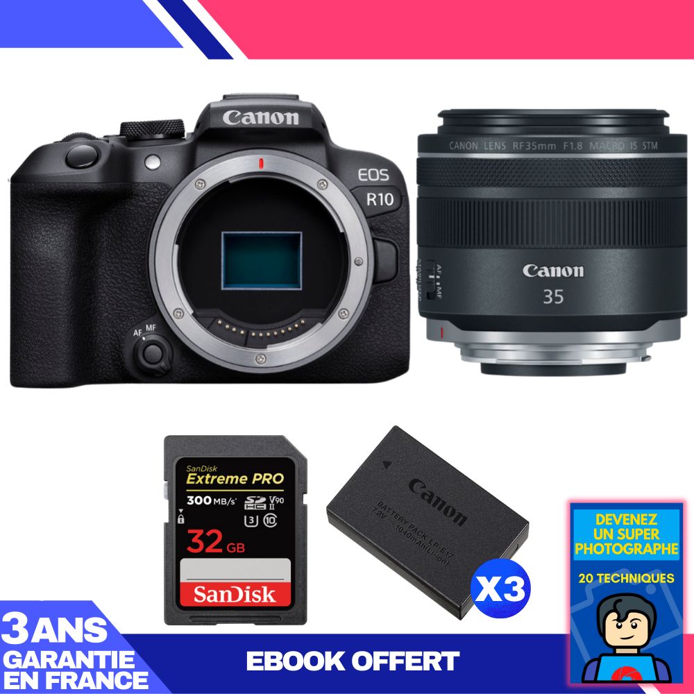 Canon EOS R10 Mirrorless Camera with RF 35mm F1.8 IS Macro STM Lens + 1 SanDisk 32GB Extreme PRO UHS-II SDXC Card (300MB/s) + 3 Canon LP-E17 Batteries + 'Become a Super Photographer' Ebook