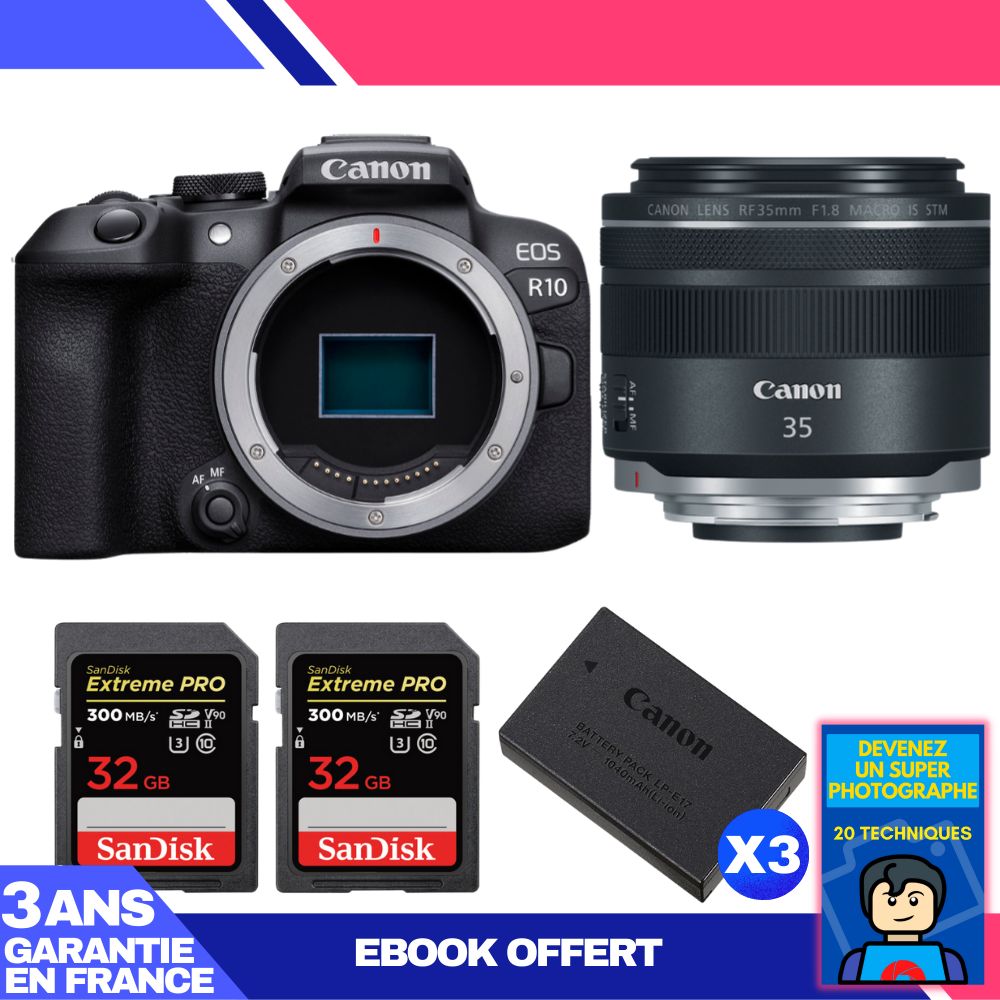 Canon EOS R10 Camera + RF 35mm F1.8 IS Macro STM Lens + 2 SanDisk 32GB Extreme PRO UHS-II SDXC Cards + 3 Canon LP-E17 Batteries + Ebook 'Become a Super Photographer'