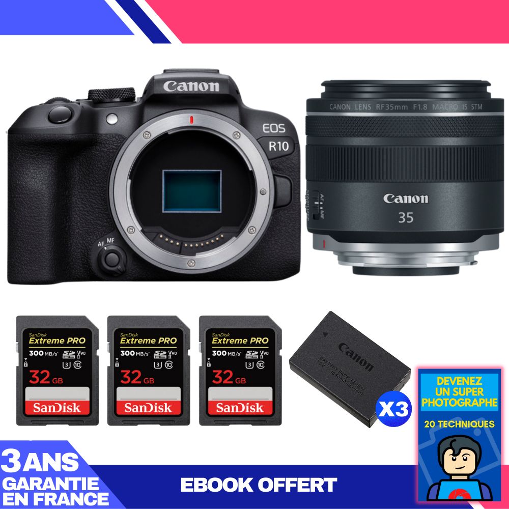 Canon EOS R10 Camera + RF 35mm F1.8 IS Macro STM Lens + 3 SanDisk 32GB Extreme PRO UHS-II SDXC Cards + 3 Canon LP-E17 Batteries + 'Become a Super Photographer' Ebook
