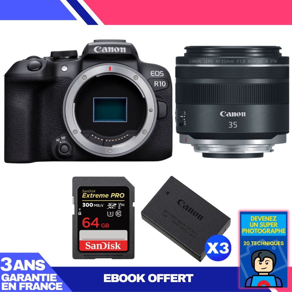 Canon EOS R10 Camera + RF 35mm F1.8 IS Macro STM Lens + 1 SanDisk 64GB Extreme PRO UHS-II SDXC Card (300MB/s) + 3 Canon LP-E17 Batteries + Ebook: 'Become a Super Photographer'