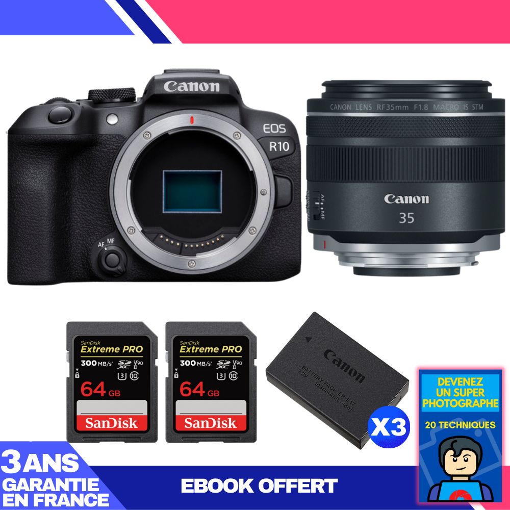 Canon EOS R10 Mirrorless Camera + RF 35mm F1.8 IS Macro STM Lens + 2 SanDisk 64GB Extreme PRO UHS-II SDXC Cards + 3 Canon LP-E17 Batteries + Ebook: Become a Super Photographer