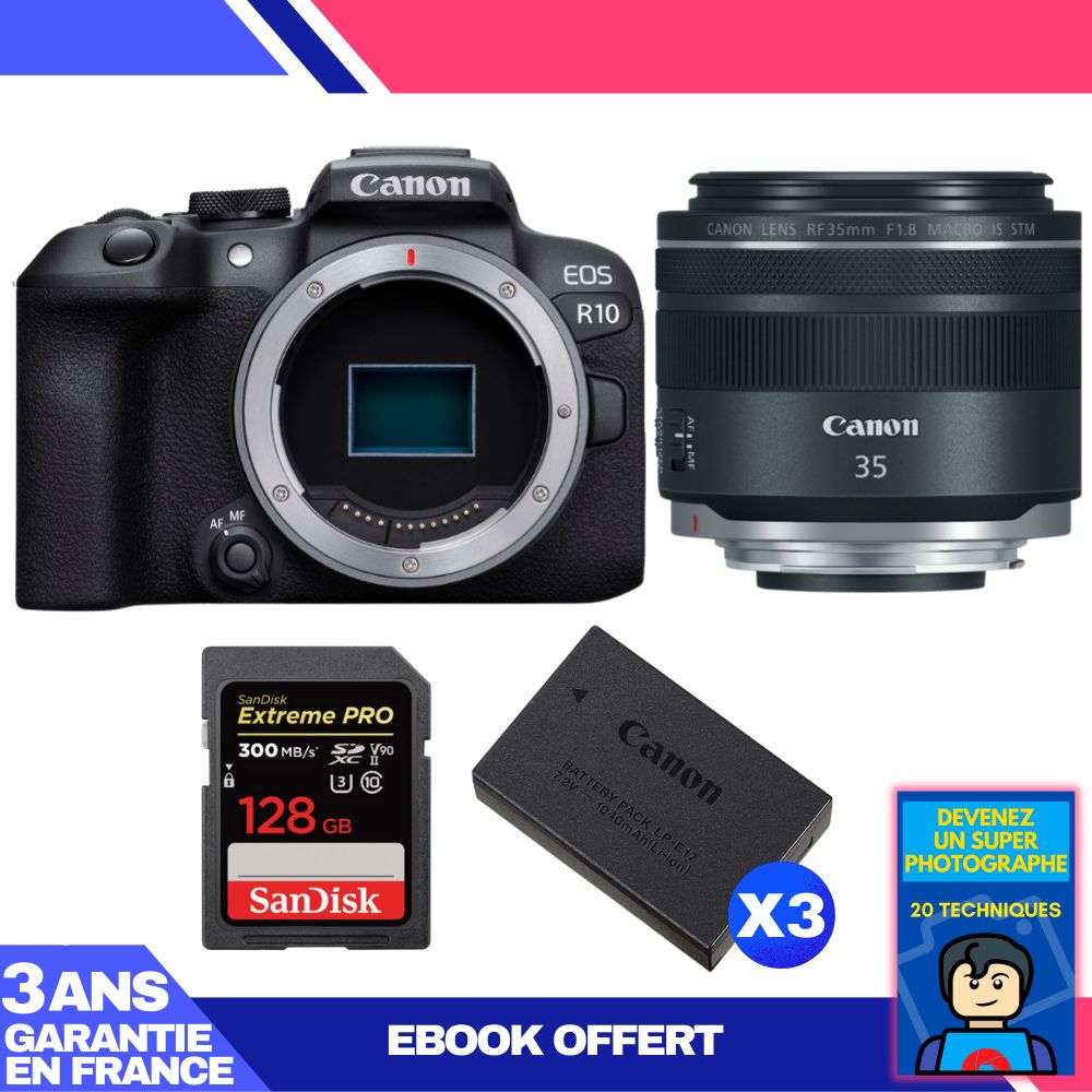 Canon EOS R10 Camera + RF 35mm F1.8 IS Macro STM Lens + 1 SanDisk 128GB Extreme PRO UHS-II SDXC Card (300MB/s) + 3 Canon LP-E17 Batteries + Ebook: Become a Super Photographer