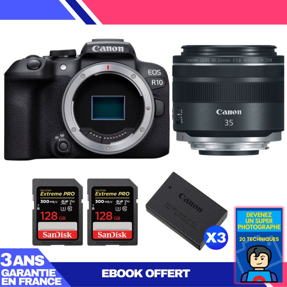 Canon EOS R10 Camera with RF 35mm F1.8 IS Macro STM Lens + 2 SanDisk 128GB Extreme PRO UHS-II SDXC Cards + 3 Canon LP-E17 Batteries + Ebook: Become a Super Photographer