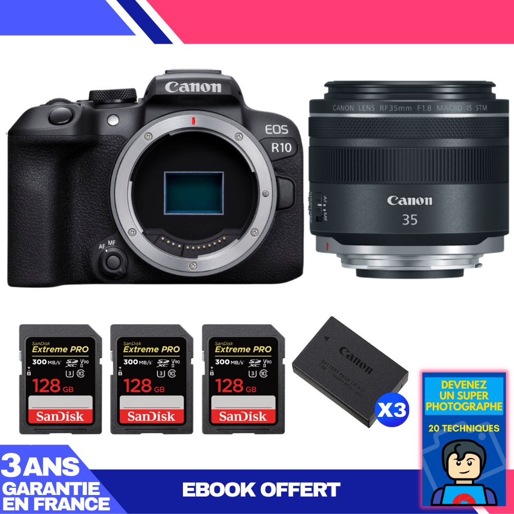 Canon EOS R10 Camera + RF 35mm F1.8 IS Macro STM Lens + 3 SanDisk 128GB Extreme PRO UHS-II SDXC Cards + 3 Canon LP-E17 Batteries + Ebook: Become a Super Photographer