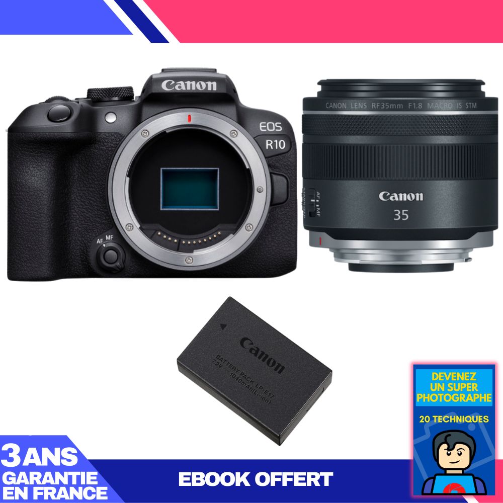 Canon EOS R10 Body + RF 35mm F1.8 IS Macro STM Lens + Canon LP-E17 Battery + 'Become a Super Photographer' Ebook