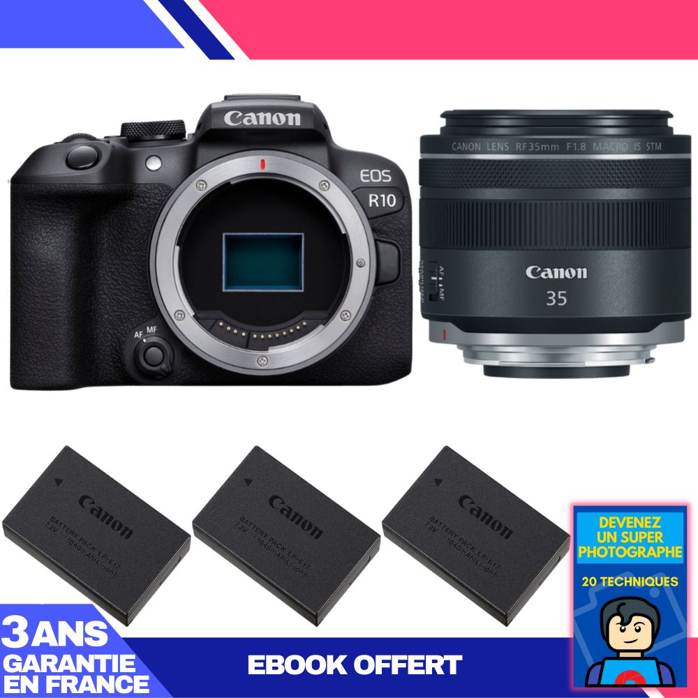 Canon EOS R10 Camera + RF 35mm F1.8 IS Macro STM Lens + 3 Canon LP-E17 Batteries + 'Become a Super Photographer' Ebook