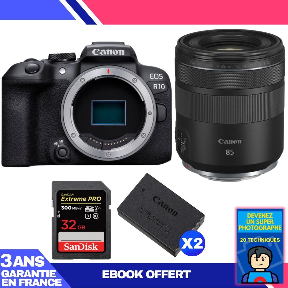 Canon EOS R10 + RF 85mm F2 Macro IS STM + SanDisk 32GB Extreme PRO UHS-II SDXC Card + 2 Canon LP-E17 Battery + Ebook 'Become a Super Photographer'