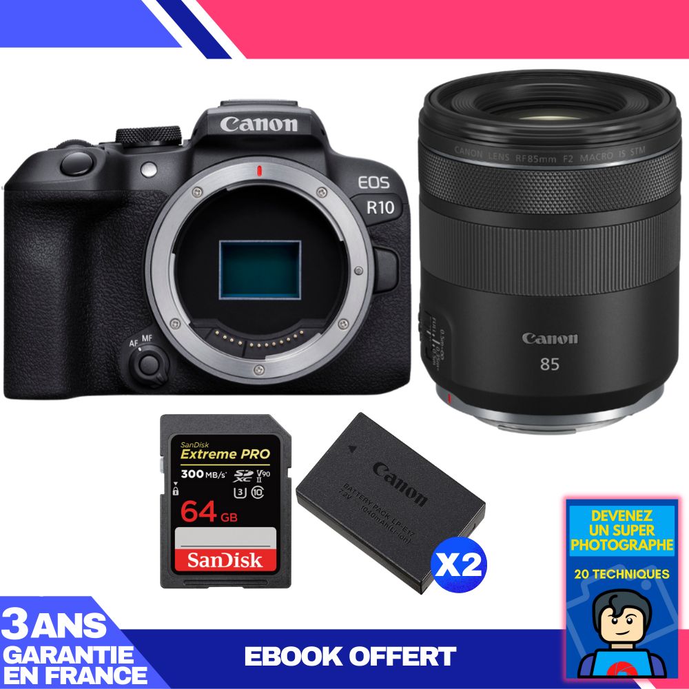 Canon EOS R10 + RF 85mm F2 Macro IS STM + 64GB SanDisk Extreme PRO SDXC Card (300MB/s) + 2 Canon LP-E17