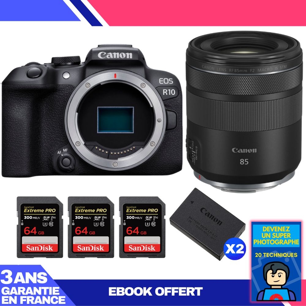 Canon EOS R10 + RF 85mm F2 Macro IS STM Lens Kit with 3x 64GB SanDisk Extreme PRO UHS-II SDXC Cards and 2x Canon LP-E17 Batteries