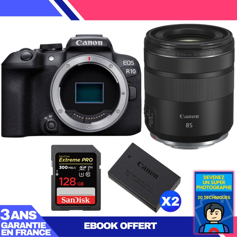 Canon EOS R10 + RF 85mm F2 Macro IS STM + 128GB SanDisk Extreme PRO SDXC Card + 2 Canon LP-E17 Batteries + Ebook