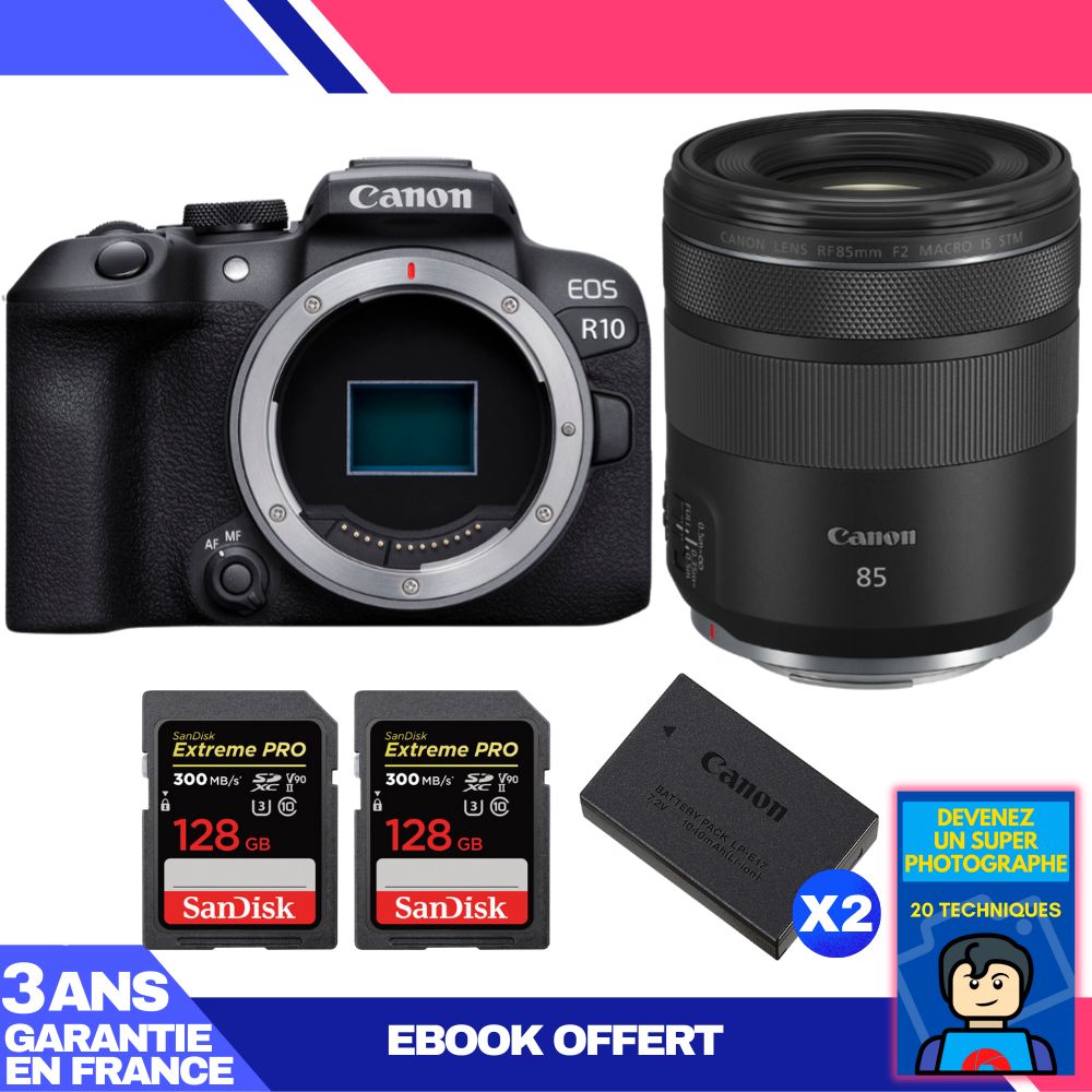 Canon EOS R10 + RF 85mm F2 Macro IS STM Kit with 2 SanDisk 128GB Extreme PRO UHS-II SDXC Cards + 2 Canon LP-E17 Batteries + Ebook