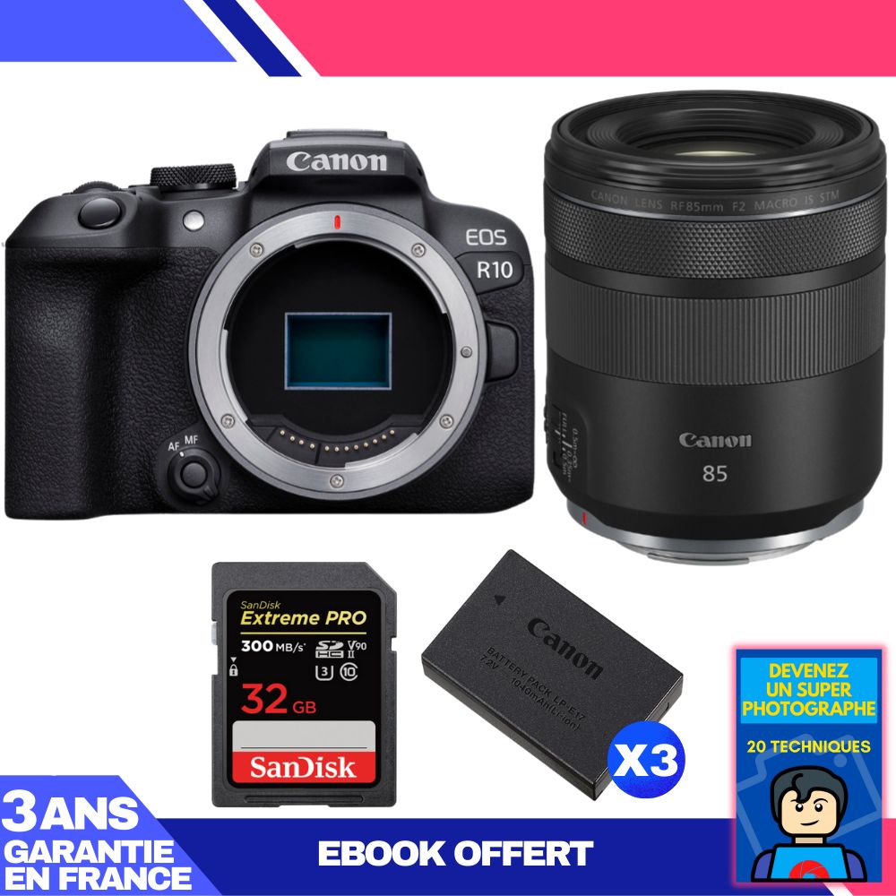 Canon EOS R10 + RF 85mm F2 Macro IS STM Kit with SanDisk 32GB Extreme PRO SD Card