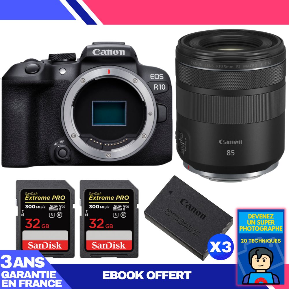 Canon EOS R10 + RF 85mm F2 Macro IS STM Lens Kit with SanDisk Cards and Batteries