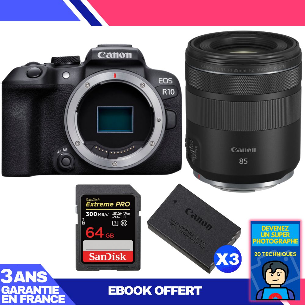 Canon EOS R10 + RF 85mm F2 Macro IS STM + 64GB SanDisk Extreme PRO SDXC Card (300MB/s) + 3 Canon LP-E17