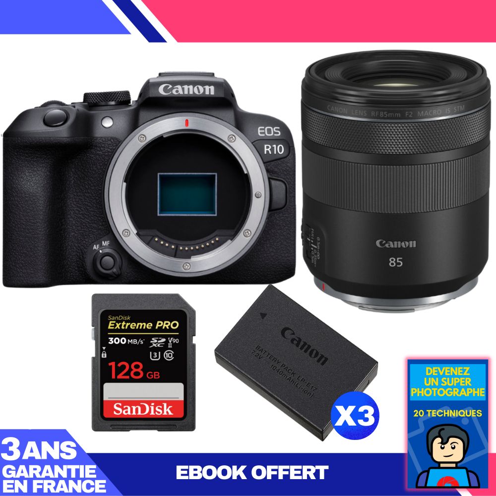 Canon EOS R10 + RF 85mm F2 Macro IS STM + 128GB SanDisk Extreme PRO SDXC Card + 3 Canon LP-E17 Batteries + 'Become a Super Photographer' Ebook
