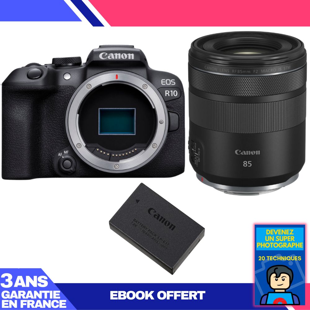 Canon EOS R10 + RF 85mm F2 Macro IS STM Camera Kit with LP-E17 Battery and Ebook