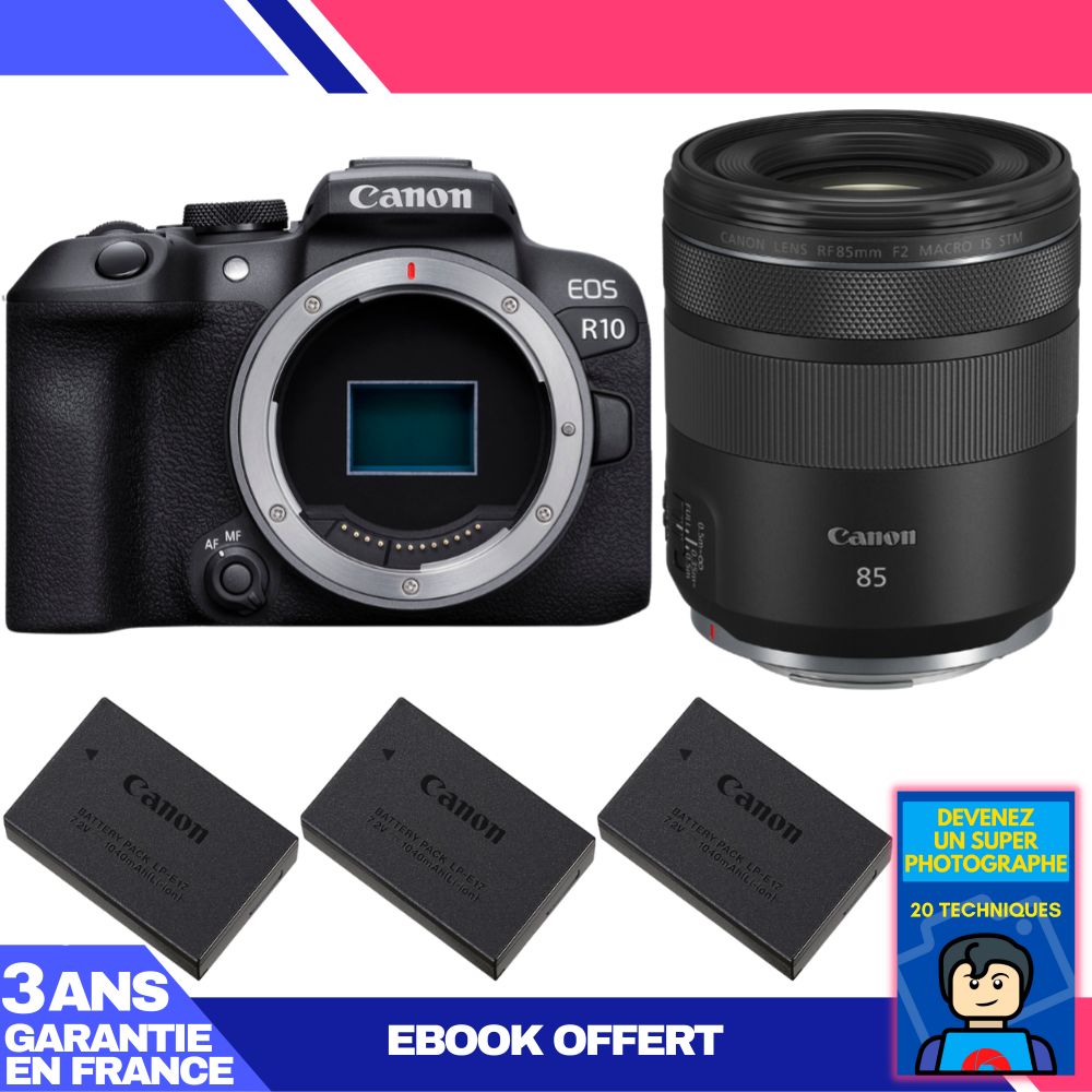 Canon EOS R10 RF 85mm F2 Macro IS STM Camera Kit with 3 Canon LP-E17 Batteries + Ebook 'Become a Super Photographer'