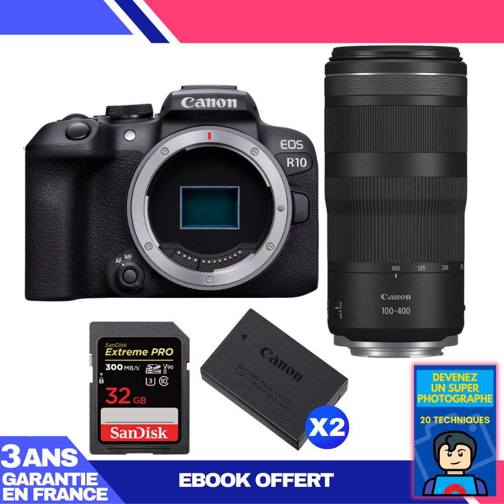 Canon EOS R10 Camera Kit with RF 100-400mm F5.6-8 IS USM Lens + 32GB SanDisk Extreme PRO SD Card + 2 Canon LP-E17 Batteries + Ebook: Become a Super Photographer