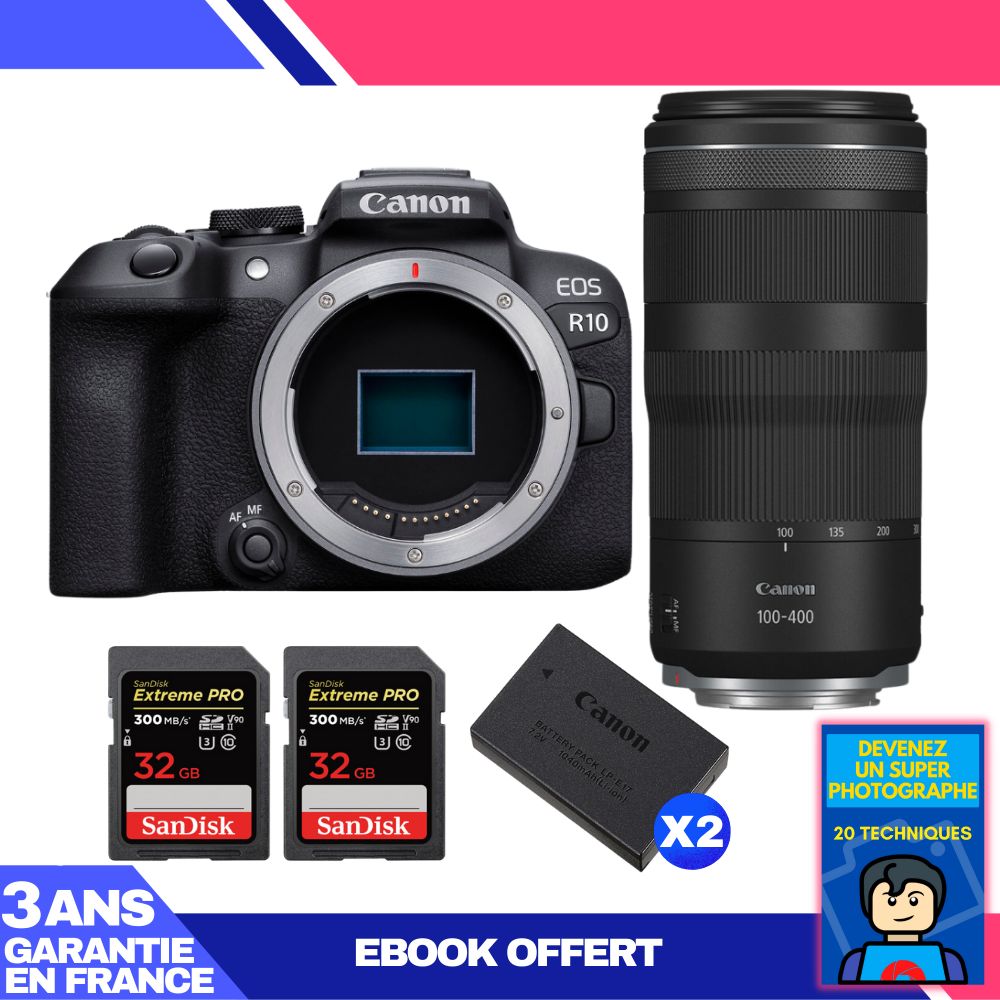 Canon EOS R10 Camera Kit with RF 100-400mm F5.6-8 IS USM Lens + 2 SanDisk 32GB Extreme PRO UHS-II SDXC Cards + 2 Canon LP-E17 Batteries + Ebook 'Become a Super Photographer'
