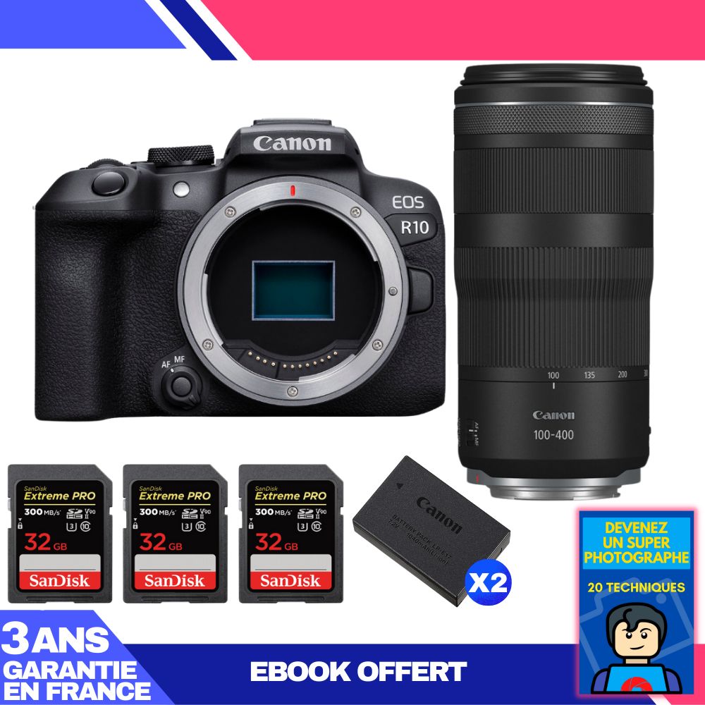 Canon EOS R10 Body + RF 100-400mm F5.6-8 IS USM Lens + 3 SanDisk 32GB Extreme PRO UHS-II SDXC Cards + 2 Canon LP-E17 Batteries + Ebook 'Become a Super Photographer'
