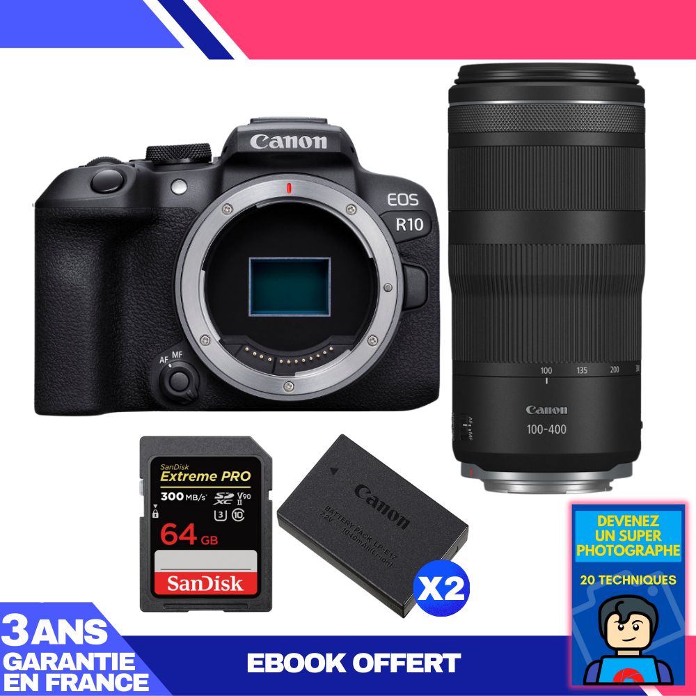 Canon EOS R10 Body + RF 100-400mm F5.6-8 IS USM Lens + 1 SanDisk 64GB Extreme PRO UHS-II SDXC Card + 2 Canon LP-E17 Batteries + 'Devenez Un Super Photographe' Ebook