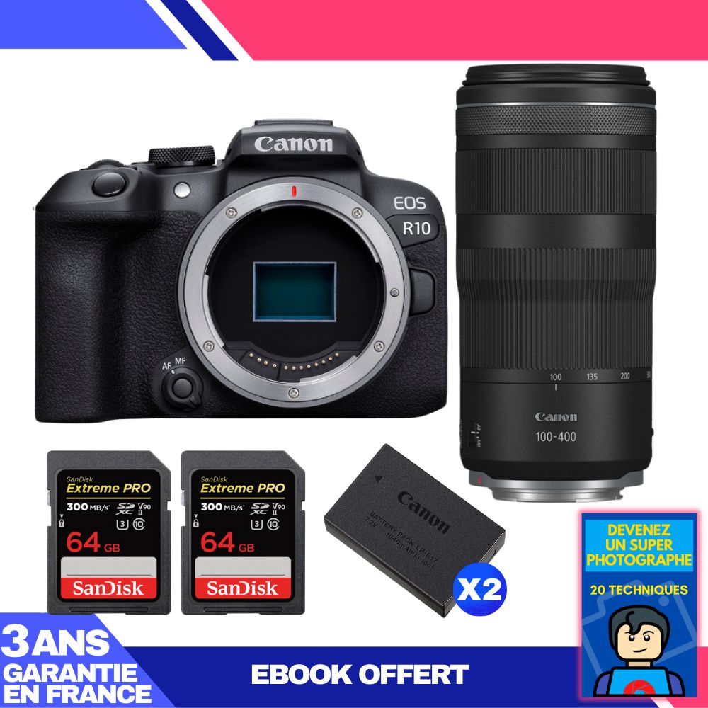 Canon EOS R10 Camera Kit with RF 100-400mm F5.6-8 IS USM Lens + 2x 64GB SanDisk Extreme PRO UHS-II SDXC Cards + 2x Canon LP-E17 Batteries + Ebook: Become a Super Photographer