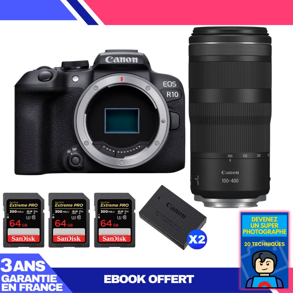 Canon EOS R10 Camera Kit with RF 100-400mm F5.6-8 IS USM Lens + 3 SanDisk 64GB Extreme PRO SD Cards + 2 Canon LP-E17 Batteries + Ebook