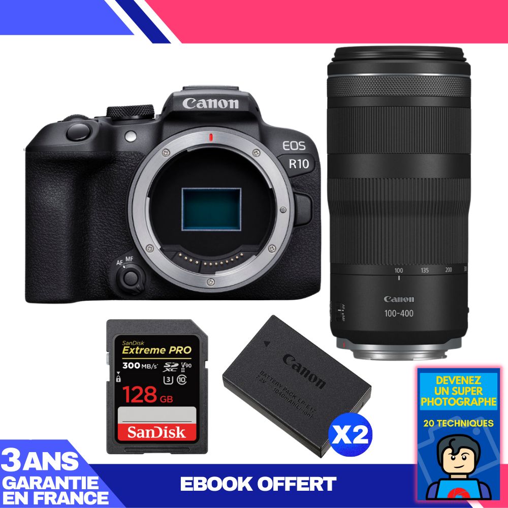Canon EOS R10 Body + RF 100-400mm F5.6-8 IS USM Lens + 1 SanDisk 128GB Extreme PRO UHS-II SDXC Card + 2 Canon LP-E17 Batteries + 'Become a Super Photographer' Ebook
