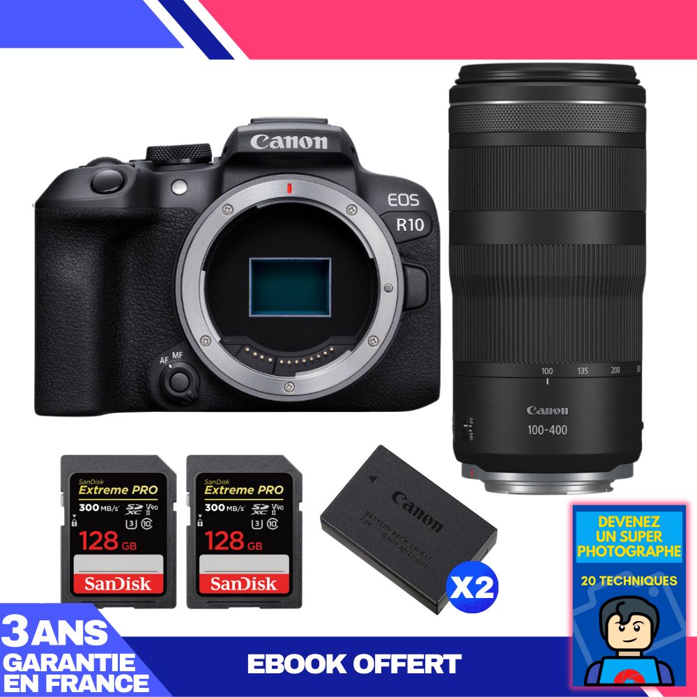 Canon EOS R10 Camera Kit with RF 100-400mm F5.6-8 IS USM Lens and 2 SanDisk 128GB Extreme PRO SD Cards
