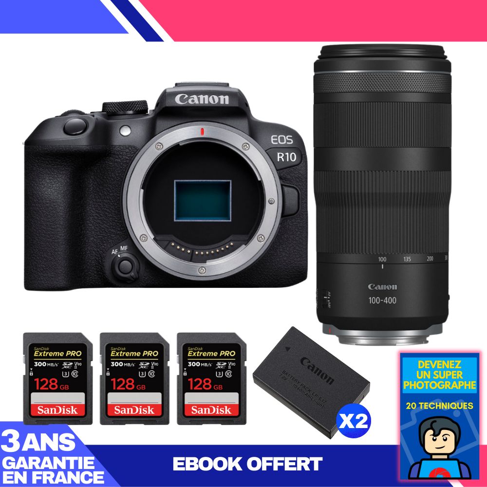 Canon EOS R10 Camera Kit with RF 100-400mm F5.6-8 IS USM Lens + 3 SanDisk 128GB Extreme PRO SD Cards + 2 Canon LP-E17 Batteries + Ebook