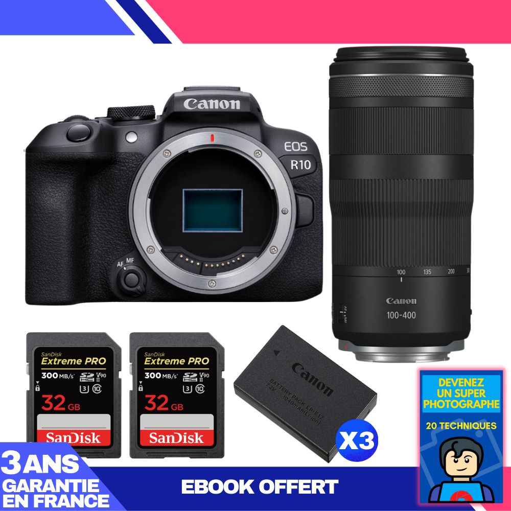 Canon EOS R10 Camera Kit with RF 100-400mm F5.6-8 IS USM Lens + 2 SanDisk 32GB Extreme PRO UHS-II SDXC Cards + 3 Canon LP-E17 Batteries + 'Become a Super Photographer' Ebook