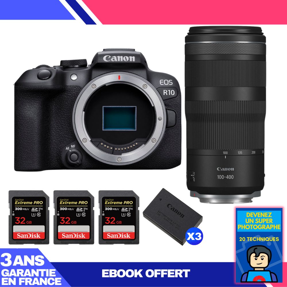 Canon EOS R10 Body + RF 100-400mm F5.6-8 IS USM Lens + 3 SanDisk 32GB Extreme PRO UHS-II SDXC Cards + 3 Canon LP-E17 Batteries + Ebook 'Devenez Un Super Photographe'
