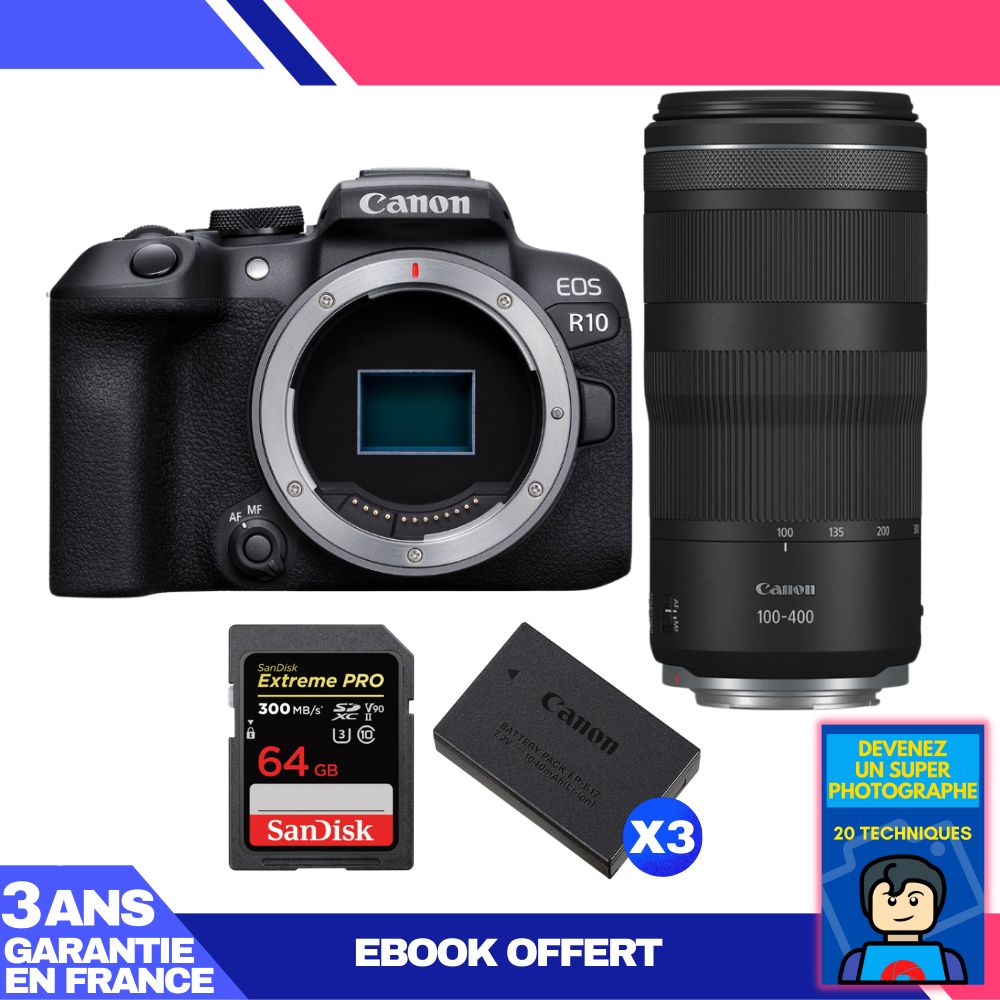 Canon EOS R10 Camera Kit with RF 100-400mm F5.6-8 IS USM Lens + 64GB SanDisk Extreme PRO SD Card + 3 Canon LP-E17 Batteries + Ebook