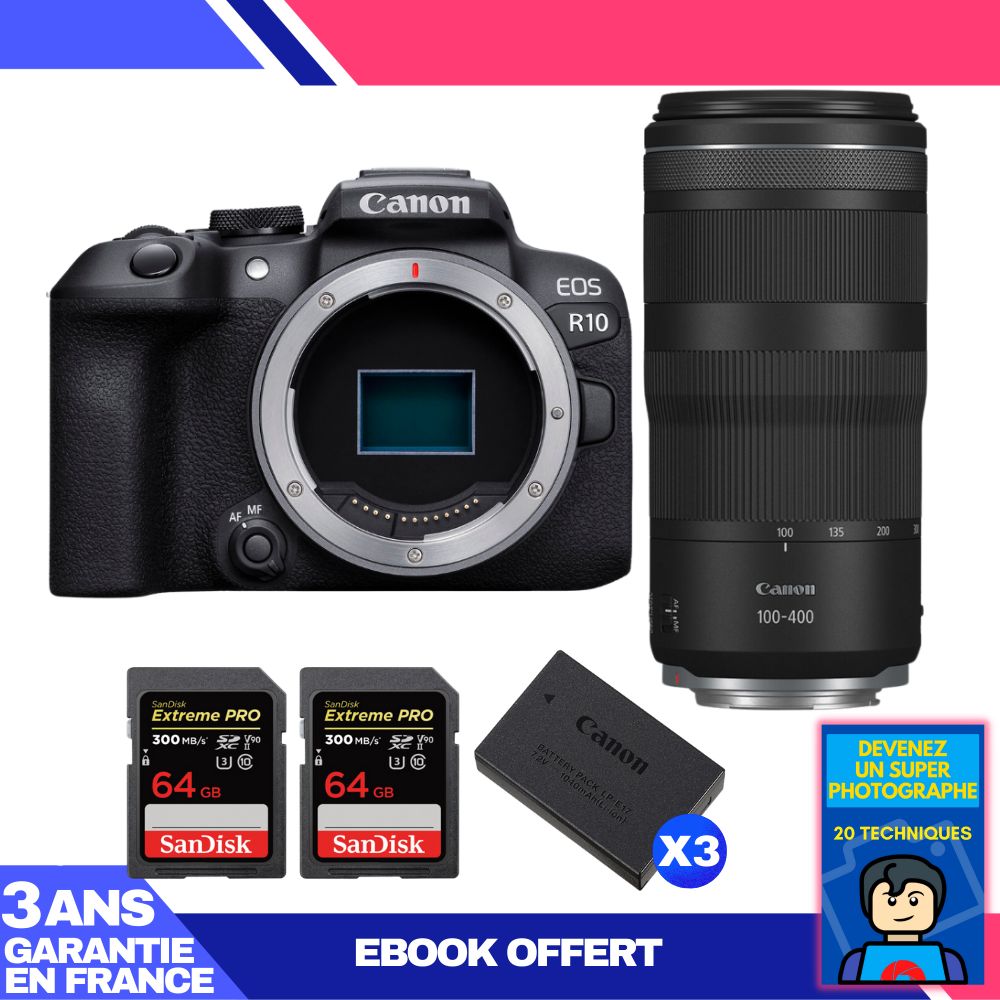 Canon EOS R10 + RF 100-400mm F5.6-8 IS USM Lens + 2 SanDisk 64GB Extreme PRO UHS-II SDXC Cards + 3 Canon LP-E17 Batteries + 'Become a Super Photographer' Ebook