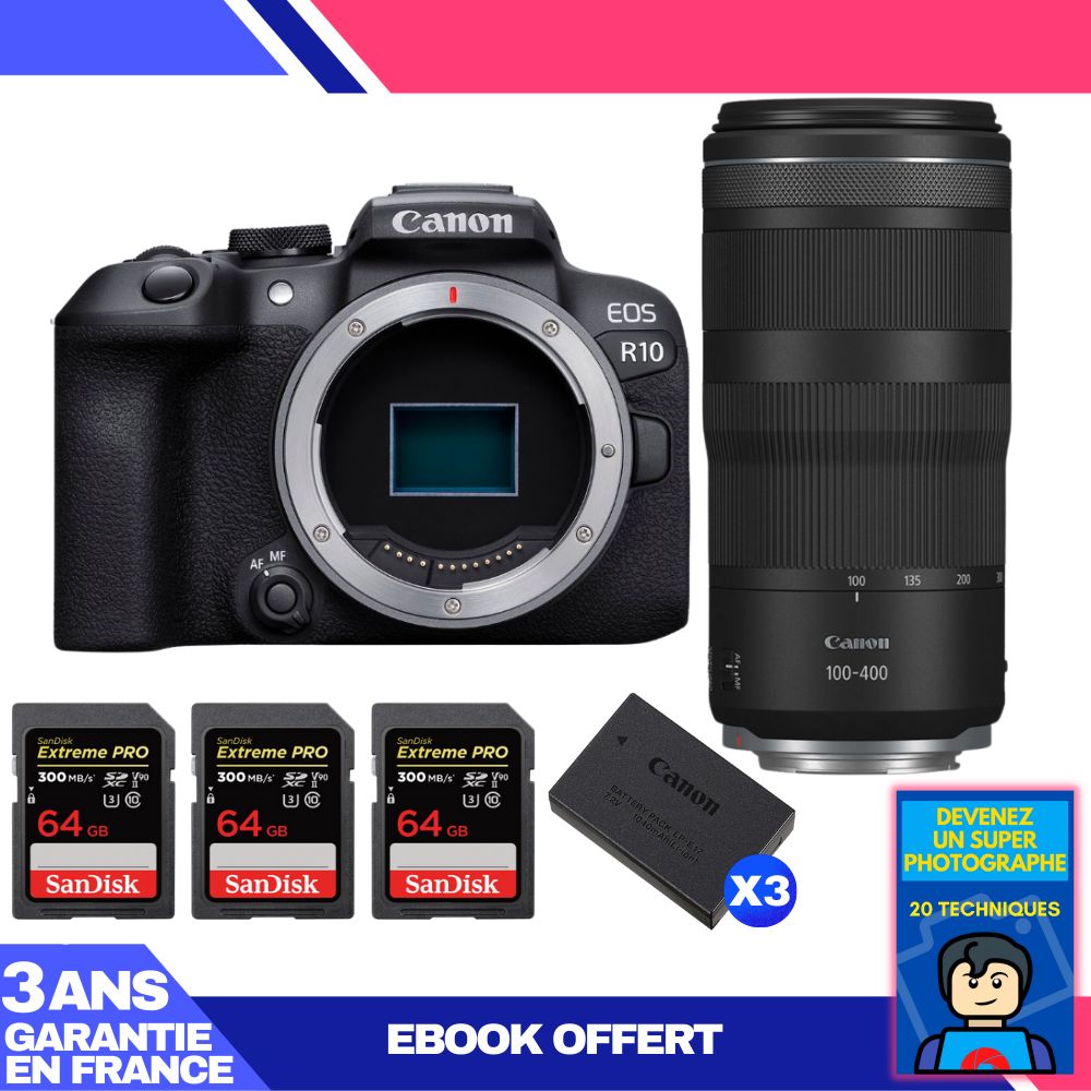 Canon EOS R10 Camera Kit with RF 100-400mm F5.6-8 IS USM Lens + 3 SanDisk 64GB Extreme PRO UHS-II SDXC Cards + 3 Canon LP-E17 Batteries + 'Become a Super Photographer' Ebook