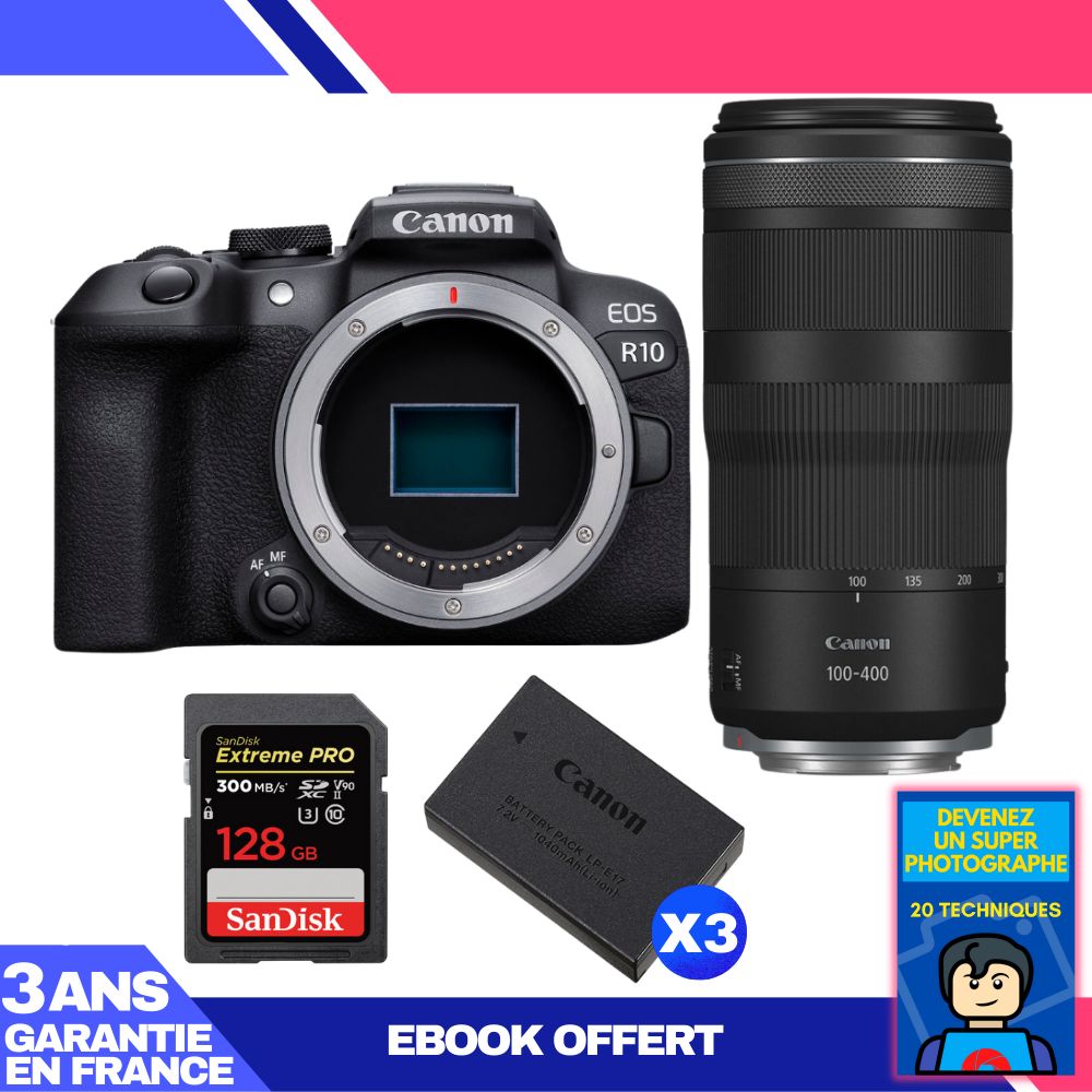 Canon EOS R10 Camera Kit with RF 100-400mm F5.6-8 IS USM Lens + SanDisk 128GB Extreme PRO UHS-II SDXC Card + 3 Canon LP-E17 Batteries + Ebook 'Become a Super Photographer'