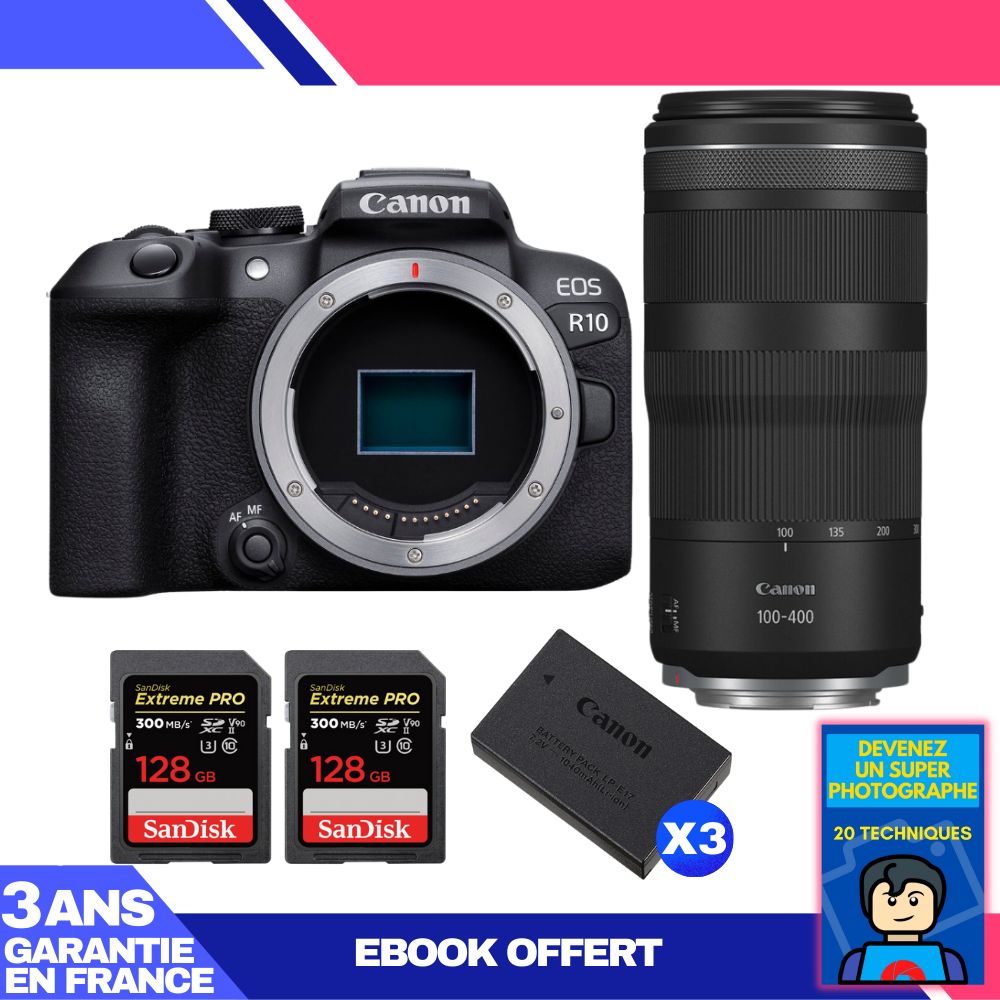 Canon EOS R10 Camera + RF 100-400mm F5.6-8 IS USM Lens + 2 SanDisk 128GB Extreme PRO UHS-II SDXC Cards + 3 Canon LP-E17 Batteries + Ebook 'Become a Super Photographer'