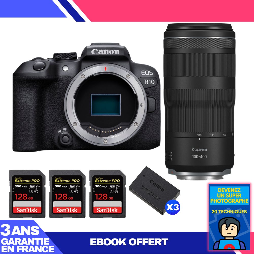 Canon EOS R10 Body + RF 100-400mm F5.6-8 IS USM Lens + 3 SanDisk 128GB Extreme PRO UHS-II SDXC Cards + 3 Canon LP-E17 Batteries + 'Become a Super Photographer' Ebook