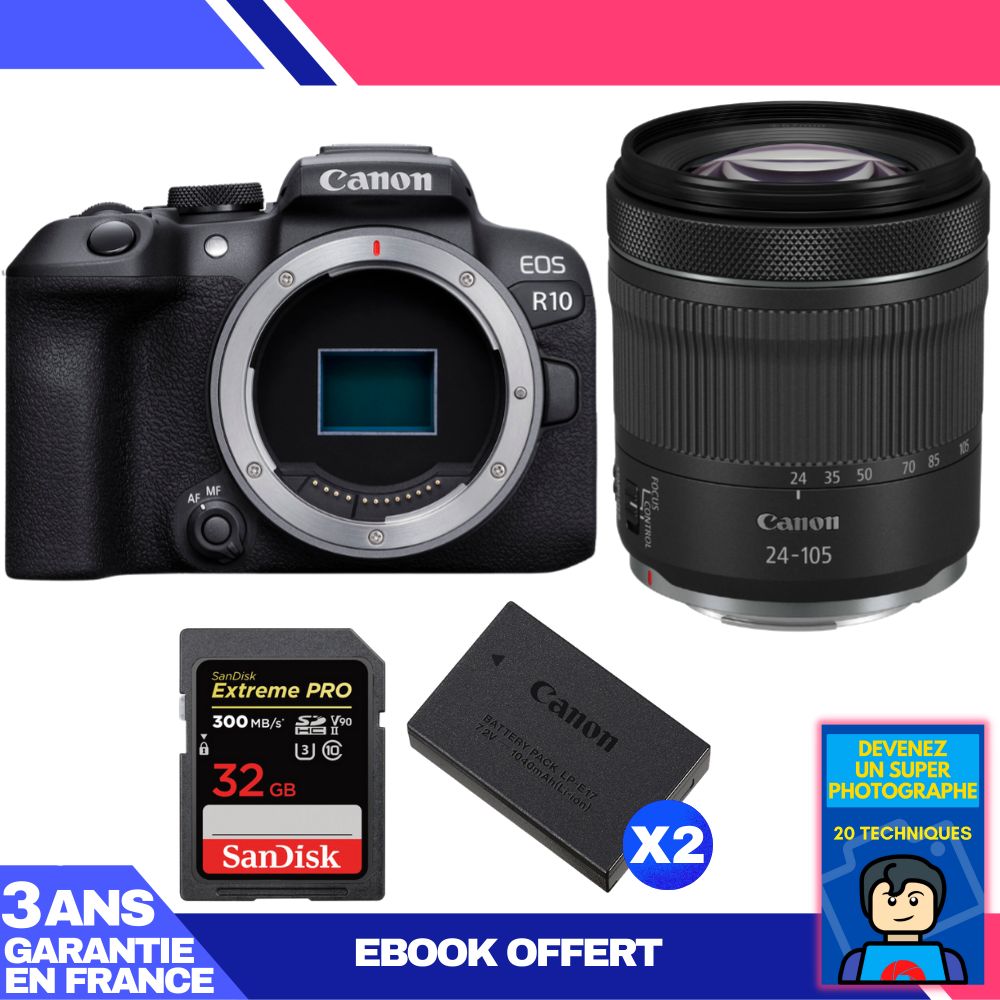 Canon EOS R10 + RF 24-105mm F4-7.1 IS STM Kit + SanDisk 32GB Extreme PRO UHS-II SDXC Card + 2 Canon LP-E17 + Ebook