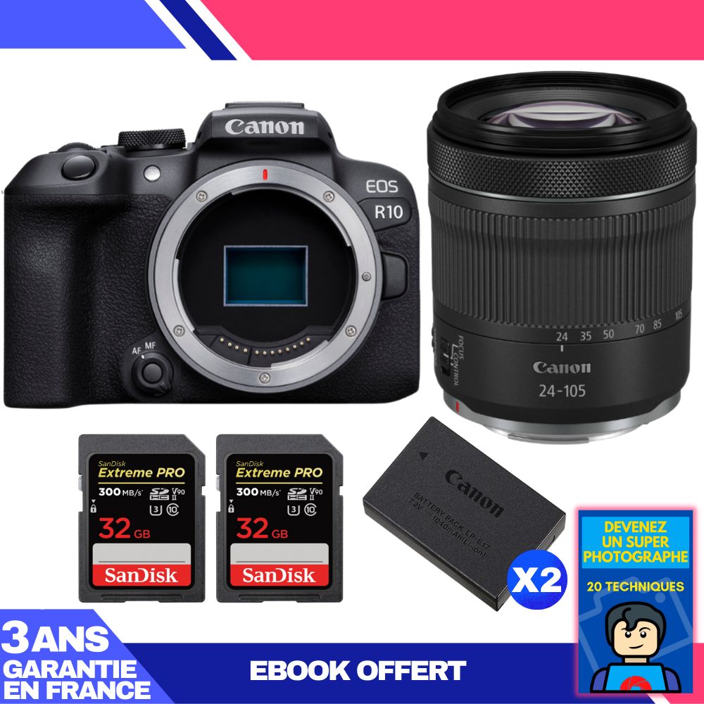 Canon EOS R10 + RF 24-105mm F4-7.1 IS STM Kit + 2 SanDisk 32GB Extreme PRO UHS-II SDXC Cards + 2 Canon LP-E17 Batteries + Ebook