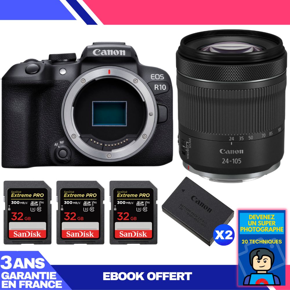 Canon EOS R10 + RF 24-105mm F4-7.1 IS STM Kit with 3x 32GB SanDisk Extreme PRO UHS-II SDXC Cards + 2x Canon LP-E17 Batteries + Ebook