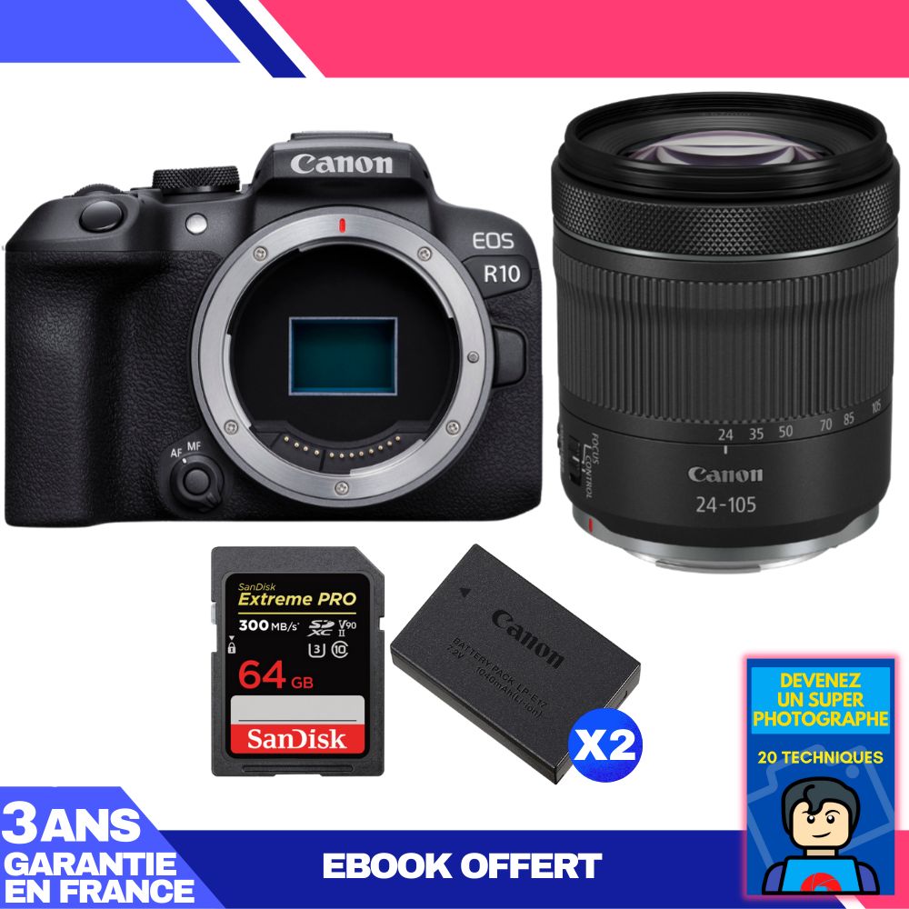 Canon EOS R10 Camera Kit with RF 24-105mm F4-7.1 IS STM Lens + SanDisk 64GB Extreme PRO UHS-II SDXC Card (300 MB/s) + 2 Canon LP-E17 Batteries + 'Become a Super Photographer' Ebook