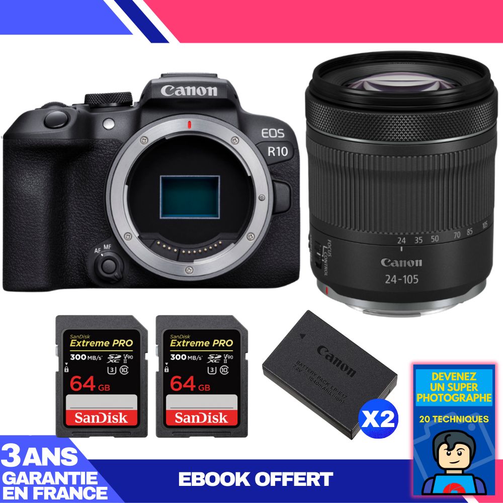 Canon EOS R10 + RF 24-105mm F4-7.1 IS STM Kit + 2 SanDisk 64GB Extreme PRO UHS-II SDXC Cards + 2 Canon LP-E17 Batteries + Ebook: Become a Super Photographer