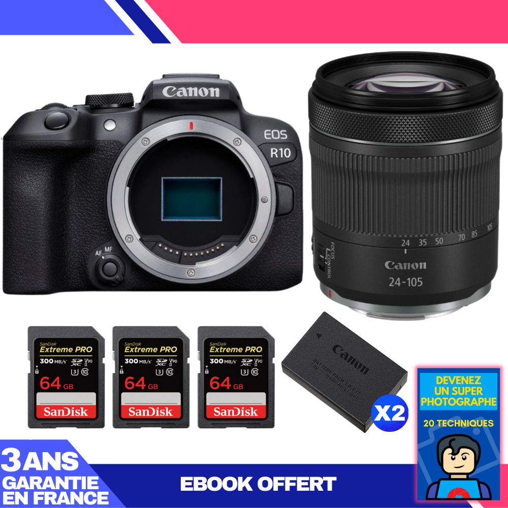 Canon EOS R10 + RF 24-105mm F4-7.1 IS STM Kit + 3 SanDisk 64GB Extreme PRO UHS-II SDXC Cards + 2 Canon LP-E17 Batteries + Ebook: Become a Super Photographer
