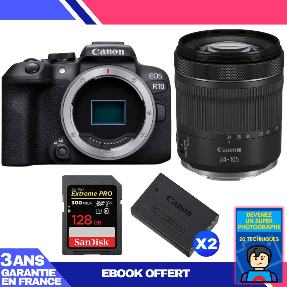 Canon EOS R10 + RF 24-105mm F4-7.1 IS STM + 1x SanDisk 128GB Extreme PRO UHS-II SDXC Card + 2x Canon LP-E17