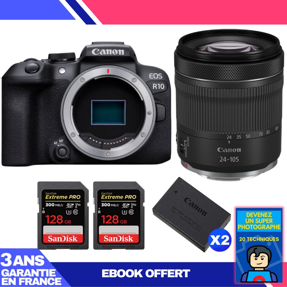 Canon EOS R10 + RF 24-105mm F4-7.1 IS STM Kit with 2x 128GB SanDisk Extreme PRO UHS-II SDXC Cards + 2x Canon LP-E17 + Ebook