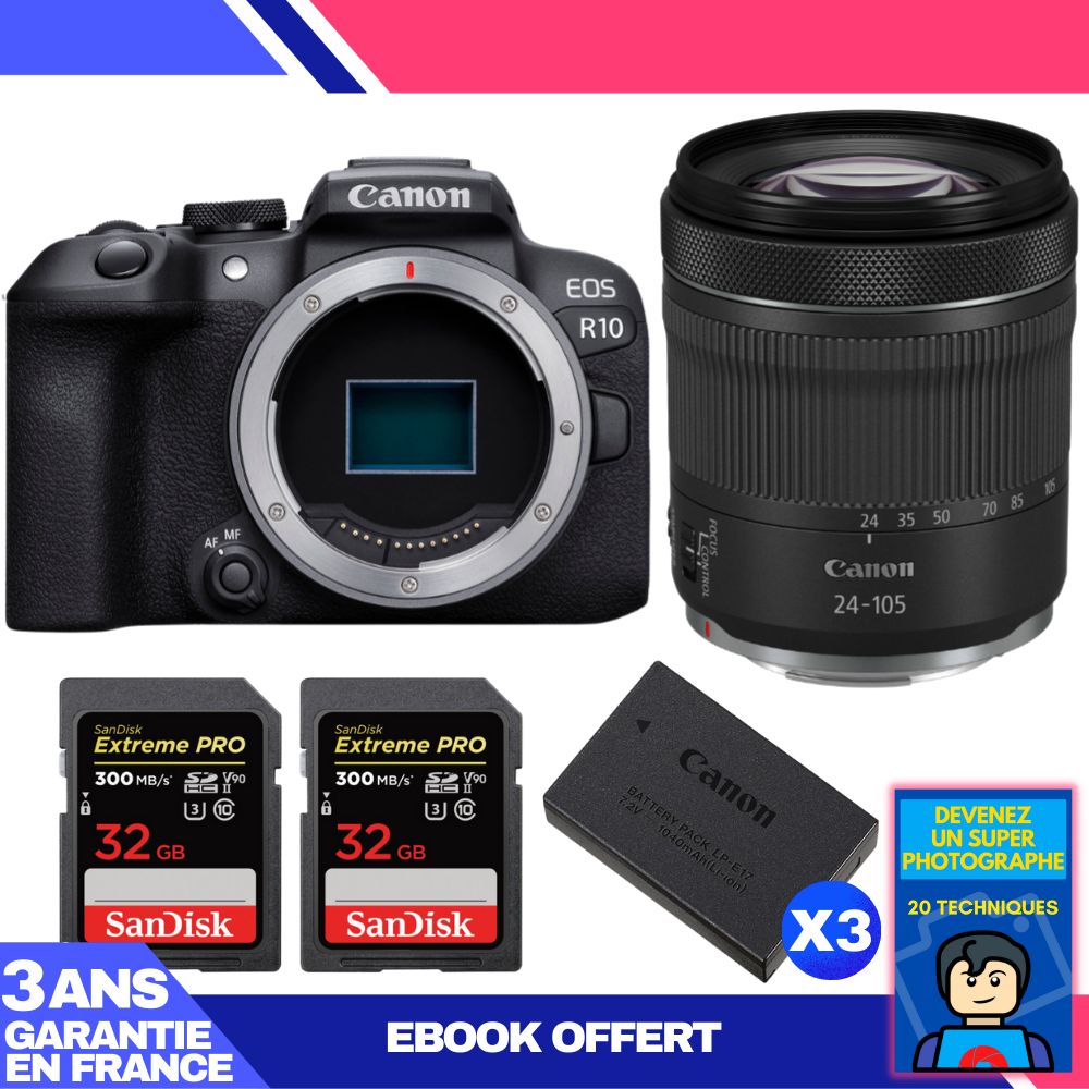 Canon EOS R10 + RF 24-105mm F4-7.1 IS STM Kit with 2x SanDisk 32GB Extreme PRO UHS-II SDXC Cards + 3x Canon LP-E17 + Ebook 'Become a Super Photographer'